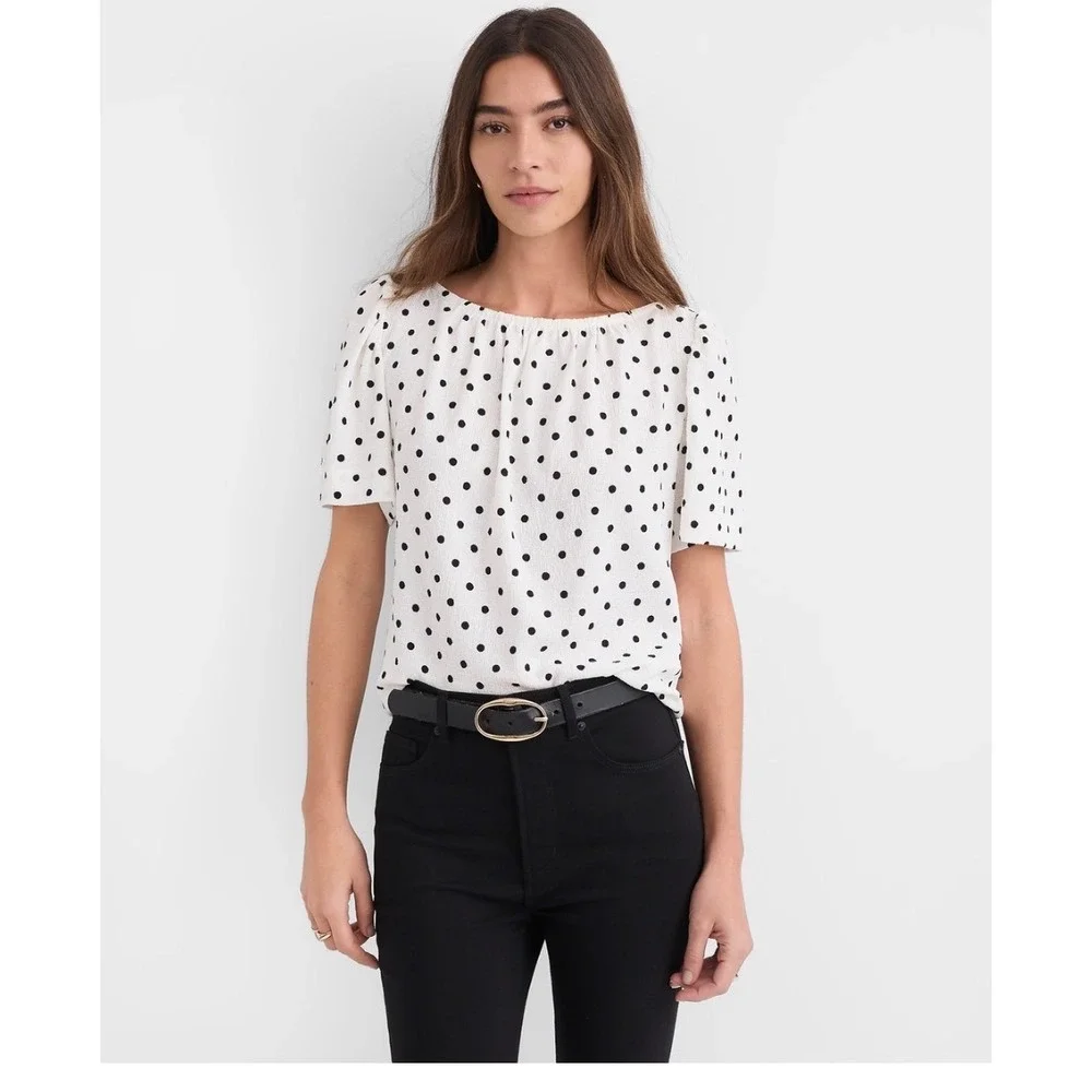 LOFT Womens Polka Dot Short Puff Sleeve Textured Blouse White Black Size M NEW